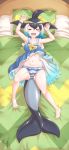  1girl absurdres aqua_hair armpits arms_up artist_logo ass_visible_through_thighs bare_arms bare_legs barefoot bed black_hair blonde_hair blowhole blue_hair bow bowtie breasts cameltoe closed_eyes collared_dress common_dolphin_(kemono_friends) dolphin_tail dorsal_fin dress eyebrows_visible_through_hair facing_viewer fins frilled_dress frills from_above hair_between_eyes head_fins highres hip_bones horizontal_stripes indoors kemono_friends knee_up lying medium_dress medium_hair mikan_toshi multicolored_hair navel on_back on_bed open_mouth panties pillow sailor_collar shiny shiny_hair sleeveless sleeveless_dress small_breasts smile solo spread_legs stomach striped striped_panties tail tail_fin textless toes underwear white_hair wristband 