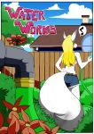  absurd_res anthro arctic_fox bottomwear breasts building butt canid canine clothing cloud comic eva_(kleiny) female fence flower fox grass hi_res hose house huge_tail mammal musical_note outside plant rear_view shorts shrub sky solo speech_bubble standing text tree vale-city water window 