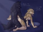  2018 all_fours anthro anthro_on_anthro bed bedroom black_body black_fur bodily_fluids butt canid canine canis daf dialogue duo english_text female from_behind_position fur furniture glowing glowing_eyes inside kneeling knotting looking_back male male/female mammal on_bed pawpads saliva sex tan_body tan_fur text tongue tongue_out transformation were werecanid werecanine werewolf wolf 