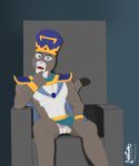  anthro chair clothed clothing cougar crown erection erection_under_clothing felid feline furniture gem hi_res male mammal muscular muscular_anthro muscular_male royalty solo tachaal tachaal_(character) throne 