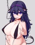  1girl @_@ ahoge animal_ears big_belly black_swimsuit blue_hair breasts chain collar commentary_request covered_nipples eyebrows_visible_through_hair grey_background hair_between_eyes hairband hex_maniac_(pokemon) highres inflation large_breasts long_hair looking_at_viewer navel open_mouth pokemon pokemon_(game) pokemon_xy purple_eyes purple_hairband red_collar rose_neru simple_background slingshot_swimsuit solo swimsuit tail tears v wavy_mouth 