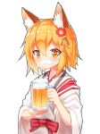  1girl alcohol animal_ear_fluff animal_ears bangs beer beer_mug blonde_hair blush bow commentary cup english_commentary eyebrows_visible_through_hair fang flower foam foam_mustache fox_ears hair_between_eyes hair_flower hair_ornament holding holding_cup japanese_clothes kimono long_sleeves looking_at_viewer miko mug orange_hair senko_(sewayaki_kitsune_no_senko-san) sewayaki_kitsune_no_senko-san simple_background smile solo thesdroz tsurime white_background white_kimono wide_sleeves 