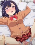  1boy 1girl bed_sheet blue_panties blush bow bowtie cardigan clothed_sex clothing_aside condom condom_on_penis condom_wrapper gabriel_dropout hair_ornament hetero long_sleeves lying on_back open_mouth panties panties_aside penis pillow pink_eyes plaid plaid_skirt purple_hair red_neckwear red_skirt school_uniform sex short_hair skirt solo_focus spread_legs sweat tomu_(tomubobu) tsukinose_vignette_april underwear vaginal x_hair_ornament 