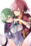  2girls arms_behind_back blush eiyuu_densetsu green_eyes green_hair hair_ornament hairclip hakuleg juna_crawford multiple_girls musse_egret out-of-frame_censoring panties panties_aside pink_hair purple_eyes ribbon sen_no_kiseki sen_no_kiseki_iv simple_background smile underwear white_background white_legwear yuri 