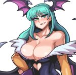  1girl bat_wings black_leotard breasts cleavage clothing_cutout demon_girl demon_wings eyebrows eyebrows_behind_hair fluff fur_trim gloves green_eyes green_hair head_wings heart_cutout highres large_breasts leotard long_hair looking_at_viewer morrigan_aensland orange_gloves purple_legwear sagas293 seductive_smile smile succubus upper_body vampire_(game) white_background wings work_in_progress 