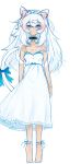  1girl animal_ears arms_at_sides bangs bare_shoulders barefoot blue_eyes blue_ribbon blush cat_ears cat_girl cat_tail closed_mouth cluseller collar collarbone dark_skin dark_skinned_female detached_collar dress ear_blush expressionless eyebrows_visible_through_hair flat_chest full_body long_hair maid_headdress messy_hair off_shoulder original ribbon sidelocks simple_background sketch sleeveless sleeveless_dress solo spaghetti_strap standing strap_slip tail tail_ornament tail_ribbon tiptoes white_background white_dress white_hair 