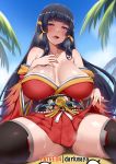  1girl azur_lane bangs bare_shoulders black_hair black_legwear blunt_bangs blush breasts collarbone cosplay darkmaya day dead_or_alive dead_or_alive_5 dead_or_alive_xtreme eyeshadow feather-trimmed_sleeves half-closed_eyes head_tilt heavy_breathing huge_breasts japanese_clothes kimono long_hair long_sleeves looking_at_viewer makeup mole mole_under_mouth nyotengu obi off-shoulder_kimono open_mouth outdoors patreon_username purple_eyes red_kimono sash shiny shiny_skin sidelocks sitting sky solo spread_legs sweat taihou_(azur_lane) taihou_(azur_lane)_(cosplay) thighhighs thighs tongue tongue_out very_long_hair wide_sleeves 
