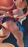  1girl absurdres artist_name ass bishoujo_senshi_sailor_moon blonde_hair blue_skirt breasts from_behind hair_ornament highres long_hair milkriot no_panties skirt solo thick_thighs thighs tsukino_usagi twintails twitter_username wind wind_lift 