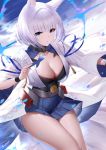  1girl an_yasuri animal_ear_fluff animal_ears artist_name azur_lane banned_artist blue_eyes blue_skirt bob_cut breasts cleavage collarbone corset eyeshadow fox_ears fox_girl fox_tail haori highres holding japanese_clothes kaga_(azur_lane) kikumon kitsune large_breasts long_sleeves looking_at_viewer makeup miniskirt multiple_tails nontraditional_miko open_clothes parted_lips petals pleated_skirt short_hair signature silver_hair skirt solo tail tassel thighs white_hair wide_sleeves 