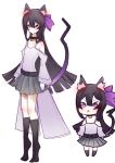  1girl animal_ears bangs bare_shoulders bell bell_collar belt black_hair black_legwear blush cat_ears cat_girl cat_tail chibi clothing_cutout cluseller collar collarbone ear_blush eyebrows_visible_through_hair flat_chest full_body grey_skirt hair_ribbon jingle_bell kneehighs long_hair long_sleeves miniskirt multiple_views original pleated_skirt purple_eyes purple_ribbon ribbon shirt shoulder_cutout sidelocks simple_background sketch skirt spaghetti_strap standing tail tiptoes very_long_hair white_background white_shirt 