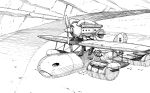  1boy aircraft airplane cluseller commentary english_commentary engrish_commentary floating greyscale kurenai_no_buta male_focus monochrome outdoors porco_rosso_(character) propeller savoia_s.21 solo studio_ghibli traditional_media upper_body vehicle_focus water 