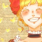  1girl beatrice_(umineko) blonde_hair braid braided_bun choker closed_eyes collarbone dress english_text flower frilled_choker frilled_dress frills hair_flower hair_ornament kamenonn_339 smile solo teeth umineko_no_naku_koro_ni yellow_butterfly 