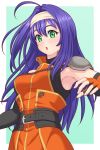  1girl ahoge armpits blush breasts fingerless_gloves fire_emblem fire_emblem:_radiant_dawn gloves green_eyes hairband highres long_hair looking_at_viewer medium_breasts mia_(fire_emblem) open_mouth purple_hair rere_(yusuke) simple_background solo 