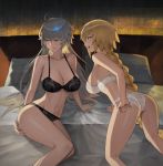  2girls absurdres ahoge ass bangs bare_shoulders black_bra black_panties blonde_hair bra braid breasts cleavage collarbone fate/apocrypha fate/grand_order fate_(series) highres hood_(james_x) jeanne_d&#039;arc_(alter)_(fate) jeanne_d&#039;arc_(fate) jeanne_d&#039;arc_(fate)_(all) large_breasts long_braid long_hair looking_back looking_to_the_side multiple_girls on_bed panties pillow silver_hair single_braid thighs underwear very_long_hair white_bra white_panties yellow_eyes 