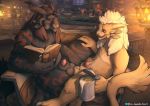  alcohol animal_genitalia balls balls_touching beer belly beverage book charr duo english_text felid genitals guild_wars hi_res hige_(rollingjune) jug male male/male mammal penis sheath sylas_emberguard text the_gentle_giant video_games 