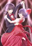  1boy 1girl black_hair braid braided_ponytail brown_eyes commentary_request couple dancing dress grey_eyes happy_birthday hetero high_heels highres long_hair nabeko_(be_yan3) purple_hair ranma_1/2 red_dress red_footwear red_neckwear red_vest saotome_ranma short_hair smile standing standing_on_one_leg tendou_akane tuxedo vest 