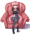  1girl absurdres armchair black_legwear boot_removed boots chair crossed_arms feet highres hood hoodie krul_tepes kyuutou_(kyuutouryuu) long_hair looking_at_viewer owari_no_seraph pantyhose pink_eyes pink_hair pointy_ears shoes single_shoe sitting sleeves_past_wrists smell solo toes translated very_long_hair visible_air white_background 