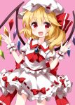  1girl ascot bangs blonde_hair bow collared_shirt cosplay crystal eyebrows_visible_through_hair flandre_scarlet hair_between_eyes hat hat_ribbon highres jewelry looking_at_viewer medium_hair mob_cap open_mouth pink_background red_bow red_eyes red_neckwear red_ribbon remilia_scarlet remilia_scarlet_(cosplay) ribbon ribbon-trimmed_skirt ribbon_trim ruu_(tksymkw) shirt short_sleeves side_ponytail simple_background skirt smile solo standing touhou white_headwear white_shirt white_skirt wings wrist_cuffs 
