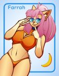  2020 5_fingers adjusting_glasses anthro banana blue_eyes breasts clothing collar domestic_cat eyebrows eyewear farrah_(zkelle) felid feline felis female fingers food fruit glasses hair inner_ear_fluff kdhynamo looking_at_viewer mammal navel pink_eyebrows pink_hair plant simple_background smile solo tuft underwear 