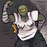  1:1 anonymous_artist anthro bald_female bandanna bottomwear clothing female flexing jennika_(tmnt) kerchief ninja pants reptile scalie sewers shirt solo teenage_mutant_ninja_turtles teenager text text_on_clothing text_on_shirt text_on_topwear topwear turtle warrior young 