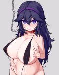  1girl @_@ ahoge big_belly black_swimsuit blue_hair breasts chain collar commentary_request covered_nipples eyebrows_visible_through_hair grey_background hair_between_eyes hairband hex_maniac_(pokemon) highres inflation large_breasts long_hair looking_at_viewer navel open_mouth pokemon pokemon_(game) pokemon_xy purple_eyes purple_hairband red_collar rose_neru simple_background slingshot_swimsuit solo swimsuit tears v wavy_mouth 