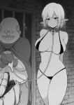  1girl 2boys arms_behind_back bikini black_bikini blush breasts brick_wall collar elf glasses gloves greyscale half-closed_eyes highres large_breasts monochrome multiple_boys old_man otonari panties pointy_ears prison prostitution restrained rope slave smile string_bikini swimsuit thumbs_up underwear 