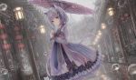  aliasing animal animal_ears apple228 building cat catgirl original purple_hair rain tail umbrella water 