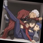  2boys archer black_bodysuit black_footwear black_pants black_ribbon blue_bodysuit blue_hair blush bodysuit brown_hair brown_legwear commentary_request cu_chulainn_(fate)_(all) dark_skin dark_skinned_male earrings fang fate/stay_night fate_(series) grey_hair hair_ribbon hand_on_another&#039;s_chest highres jewelry kneeling lancer legs_up long_hair looking_at_another lying mondi_hl multiple_boys on_back one_eye_closed pants ponytail red_eyes red_sweater ribbon sandwiched shoes short_hair smile spiked_hair sweatdrop sweater tohsaka_rin 