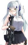  1girl alternate_costume alternate_hairstyle assault_rifle bare_shoulders breasts commentary eyewear_on_head girls_frontline green_eyes gun h&amp;k_hk416 high_ponytail highres hk416_(girls_frontline) keenh large_breasts long_hair object_namesake pleated_skirt rifle sidelocks silver_hair simple_background skirt solo teardrop_tattoo translated very_long_hair weapon white_background 