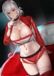  1girl bandeau bangs blush breasts choker cleavage collarbone cropped_jacket fate/grand_order fate_(series) florence_nightingale_(fate/grand_order) gloves jacket jikihatiman large_breasts long_hair long_sleeves looking_at_viewer navel open_clothes open_jacket pink_hair race_queen red_eyes red_jacket red_shorts short_shorts shorts shrug_(clothing) thighs white_gloves 
