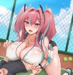  1boy 1girl age_difference azur_lane bangs bare_shoulders black_panties blush breasts bremerton_(azur_lane) bremerton_(scorching-hot_training)_(azur_lane) chain-link_fence cleavage collarbone commentary_request covered_nipples eyebrows_visible_through_hair fence grey_hair hair_between_eyes hair_ornament hairclip heavy_breathing highres holding_hands huge_breasts interlocked_fingers little_boy_commander_(azur_lane) mole mole_on_breast mole_under_eye multicolored_hair open_mouth outdoors paizuri panties pink_eyes pink_hair raki_(x25) see-through shirt sidelocks size_difference sleeveless sleeveless_shirt smile sportswear streaked_hair sweat tennis_uniform thighs twintails two-tone_shirt two-tone_skirt underwear wet wet_clothes x_hair_ornament 