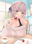  1girl black_choker blue_ribbon blush breasts cake cake_slice chair choker cleavage cup food food_on_face fork fruit green_eyes hand_up highres holding holding_food holding_fruit hololive large_breasts long_sleeves looking_at_viewer open_mouth plate ribbed_sweater ribbon ribbon_hair roriwanko shirogane_noel short_hair silver_hair snowflake_choker solo strawberry sweater table teacup upper_teeth white_sweater 