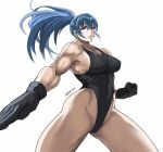  1girl bangs black_gloves black_leotard blue_eyes blue_hair breasts covered_nipples earrings gloves high_ponytail jewelry leona_heidern leotard lips muscle muscular_female ponytail ribbed_leotard shibusun signature solo sweatdrop the_king_of_fighters thick_thighs thighs toned triangle_earrings white_background 