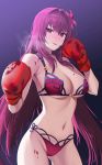  1girl :d absurdres ass_visible_through_thighs bangs bare_shoulders bikini blood blush boxing boxing_gloves breasts cleavage collarbone commentary_request cowboy_shot dripping eyebrows_visible_through_hair fate/grand_order fate_(series) flower gou_d gradient gradient_background hair_flower hair_intakes hair_ornament heavy_breathing highres large_breasts long_hair looking_at_viewer mixed-language_commentary navel nose_blush open_mouth pink_bikini pink_flower pov purple_background purple_eyes purple_hair scathach_(fate)_(all) scathach_(fate/grand_order) smile solo stomach swimsuit very_long_hair 