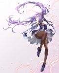 1girl bare_shoulders black_legwear double_bun dress dulldull frilled_dress frilled_skirt frilled_sleeves frills full_body genshin_impact gloves hair_bun hair_ornament high_heels highres holding holding_sword holding_weapon keqing legs lightning looking_to_the_side purple_eyes purple_hair skirt solo sword thighs weapon 