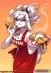  &lt;3 2020 5_fingers anthro apron bovid breasts caprine cleavage clothed clothing digital_media_(artwork) eating female fingers food fur goat goat_lucifer_(helltaker) gradient_background hair helltaker hi_res holding_food holding_object horn lucifer_(helltaker) mammal red_eyes signature simple_background smile text text_on_clothing url white_body white_fur white_hair zummeng 