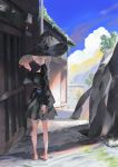  1girl absurdres anklet bare_legs barefoot belt black_dress blush braid braided_ponytail cloud cloudy_sky dress flask grey_hair hand_on_headwear hat highres jewelry looking_to_the_side original ring road sad scenery short_dress shrimp_cc sky street witch witch_hat 