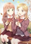  2girls arms_up autumn_leaves bangs black_legwear blonde_hair blue_sky blue_sweater blurry bokeh bow bowtie brown_eyes brown_jacket brown_skirt commentary day depth_of_field dress_shirt eyebrows_visible_through_hair feet_out_of_frame finger_to_another&#039;s_cheek food food_on_face holding holding_food jacket kneehighs knees_together light_blush long_hair looking_at_another looking_at_viewer medium_hair multiple_girls open_clothes open_jacket open_mouth original outdoors parted_bangs pink_hair purple_eyes school_uniform shirt sitting skirt sky smile striped striped_neckwear sweater taiyaki tan_sweater tree untucked_shirt unya_(unya-unya) upper_teeth wagashi white_shirt wooden_bench 