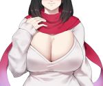  1girl black_hair breasts cleavage cleavage_cutout clothing_cutout ghostdoctor hand_on_own_chest head_out_of_frame large_breasts long_sleeves medium_hair mole mole_on_breast original red_scarf scarf smile standing sweater white_background white_sweater 