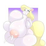  1:1 absurd_res animaniacs arizonathevixen big_breasts blonde_hair bodily_fluids breasts female hair hi_res holding_breast huge_breasts hyper hyper_breasts lactating mammal minerva_mink mink mustelid musteline solo thick_thighs warner_brothers white_body 