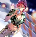  1girl bangs blurry blurry_background breasts can cleavage collarbone commentary drinking dutch_angle green_eyes green_shirt hair_between_eyes hand_in_pocket hand_up holding holding_can jojo_no_kimyou_na_bouken knit_hat looking_at_viewer medium_breasts midriff navel panties pants panty_peek pink_hair pink_panties purple_headwear shirt short_hair short_sleeves soda_can solo standing tied_shirt trish_una underwear vento_aureo white_pants zzyzzyy 