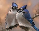  5:4 ambiguous_gender avian bird blue_jay brown_eyes corvid duo feral jay_(bird) nambroth new_world_jay oscine outside passerine pastel_(artwork) photorealism traditional_media_(artwork) 