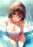 1girl black_eyes breasts brown_hair cleavage competition_swimsuit day highres kekemotsu large_breasts long_hair looking_at_viewer one-piece_swimsuit open_mouth original outdoors poolside smile solo standing swimsuit wet white_swimsuit 