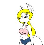  animated anthro arctic_fox big_breasts blonde_hair blue_eyes bottomwear breast_expansion breasts canid canine clothing eva_(kleiny) expansion female fox fur greyofpta hair huge_breasts hyper hyper_breasts mammal navel short_playtime shorts simple_background solo standing white_body white_fur 