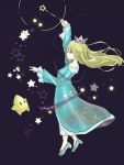  1girl aqua_footwear blonde_hair blue_dress blue_eyes crown dress floating_hair from_side full_body high_heels highres holding holding_wand long_hair long_sleeves luma_(mario) mario_(series) nishikuromori purple_background rosalina shoes simple_background solo star_(symbol) super_mario_galaxy wand 