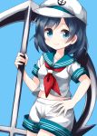  1girl anchor bangs black_hair blue_background blue_eyes closed_mouth eyebrows_visible_through_hair hand_on_hip hat highres holding_anchor looking_at_viewer medium_hair murasa_minamitsu red_neckwear ruu_(tksymkw) sailor sailor_collar sailor_hat shirt short_sleeves shorts simple_background smile solo standing touhou white_headwear white_shirt white_shorts 