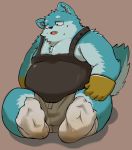  2020 anthro belly blue_body blue_fur bodily_fluids bottomwear canid canine canis clothing domestic_dog feet fur hi_res kemono male mammal morningbread16 overweight overweight_anthro overweight_male shirt shorts simple_background sitting solo sweat topwear 