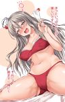  1girl alternate_costume bikini breasts brown_eyes collarbone cup drinking_glass grey_hair hat highres holding holding_cup kantai_collection large_breasts long_hair mini_hat mizunoe_kotaru navel pola_(kantai_collection) red_bikini sitting solo swimsuit tilted_headwear translation_request wavy_hair 