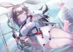  1girl animal_ears april_(arknights) arknights bare_legs belt black_hair blue_sky blush bow_(weapon) breasts brown_hair bunny bunny_ears closed_mouth cloud cloudy_sky commentary compound_bow confetti day dress eyelashes holding holding_bow_(weapon) holding_weapon long_hair looking_at_viewer medium_breasts multicolored_hair name_tag one_eye_closed outdoors romaji_commentary seia_(tikxxx) sky smile solo streaked_hair thighs tongue tongue_out two-tone_hair weapon white_dress yellow_eyes 
