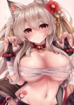  1girl :3 absurdres animal_ears azur_lane bandaged_arm bandages bangs blush breasts bridal_gauntlets budget_sarashi claw_pose cleavage collar collarbone commentary eyebrows_visible_through_hair flower groin hair_between_eyes hair_flower hair_ornament heart_collar highres huge_filesize large_breasts long_hair looking_at_viewer midriff nail_polish navel pink_background red_collar red_eyes red_nails ryara sarashi sidelocks silver_hair smile solo spiked_collar spikes stomach_tattoo tail tattoo thick_eyebrows underboob upper_body wolf_ears wolf_tail yuudachi_(azur_lane) yuudachi_(shogun_of_snowballs)_(azur_lane) 